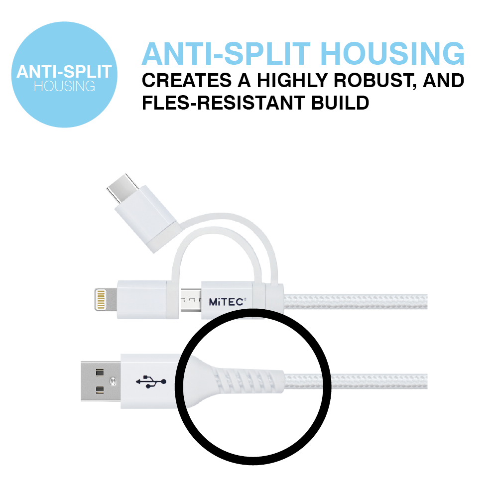 MiTEC MiPOWER Lightning/USB-C/Micro USB to USB-A Braided Cable 1m -  White