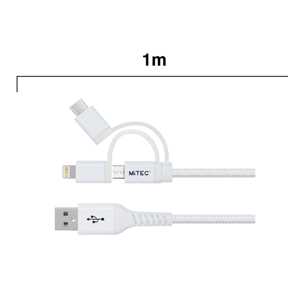 MiTEC MiPOWER Lightning/USB-C/Micro USB to USB-A Braided Cable 1m -  White