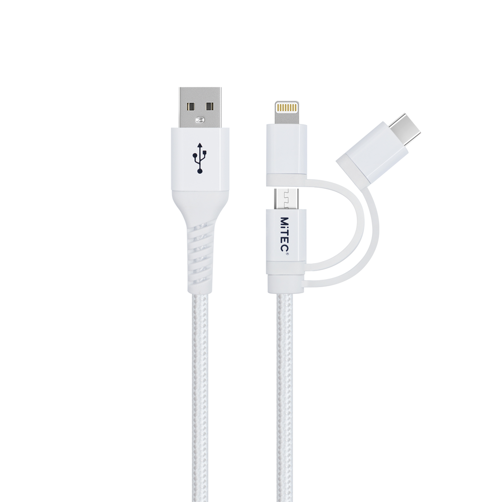 MiTEC MiPOWER Lightning/USB-C/Micro USB to USB-A Braided Cable 1m -  White