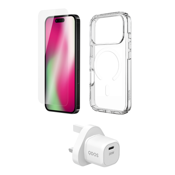 QDOS Starter Pack Case/Power/Glass iPhone 17 Pro Clear/White - Vodafone