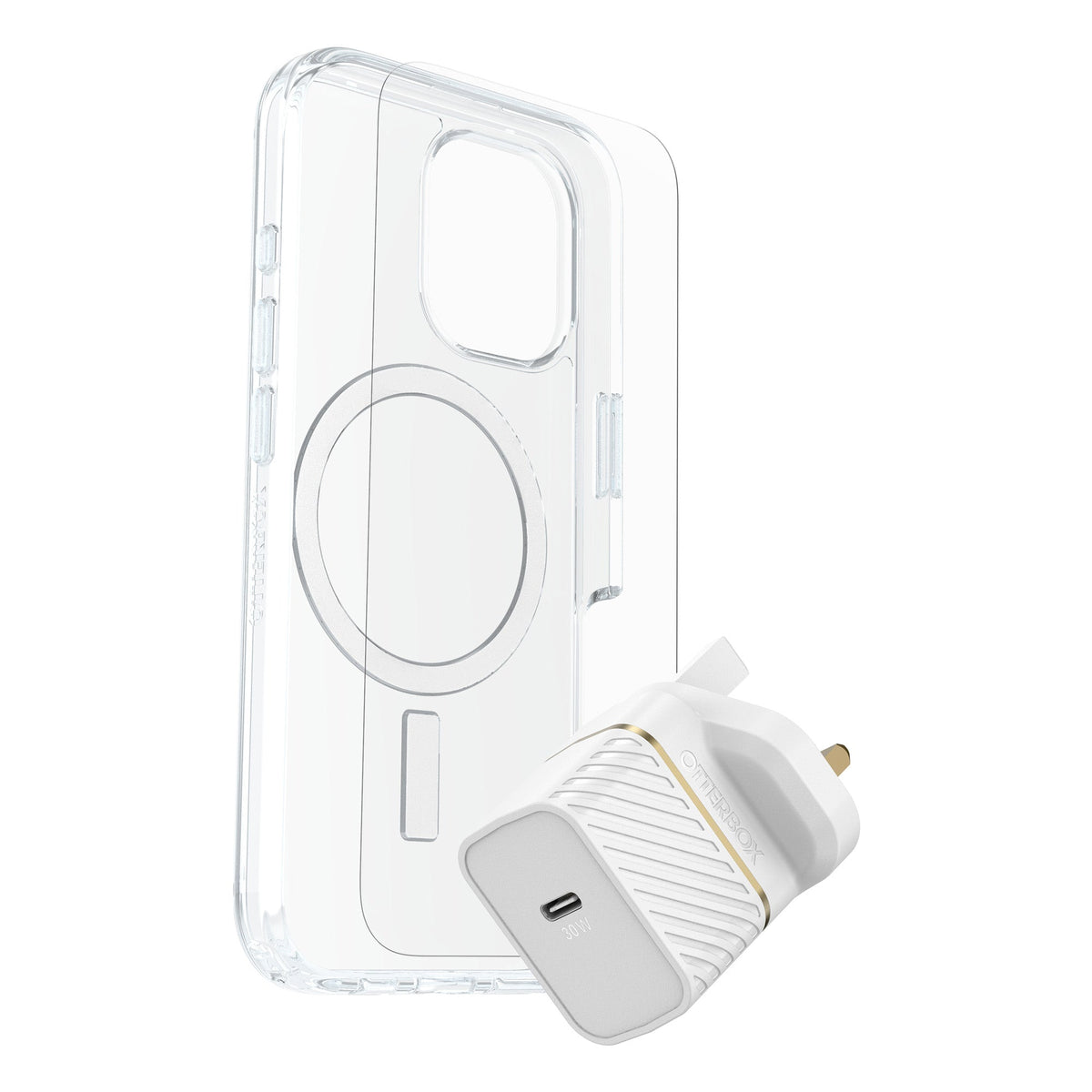 OtterBox Symmetry Clear MagSafe Cover + Premium Glass + Fast Charge Wall Charger 30W for iPhone 16